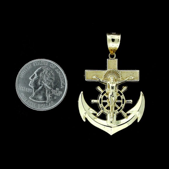 Real 10K Yellow Gold XL Anchor Cross Pendant - Picture 4 of 5